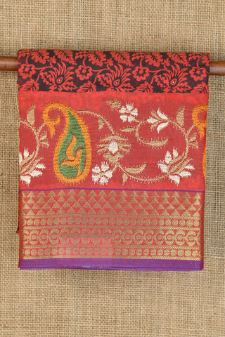 Zari And Embroidered Border Floral Design Black And Red Chanderi Cotton Saree