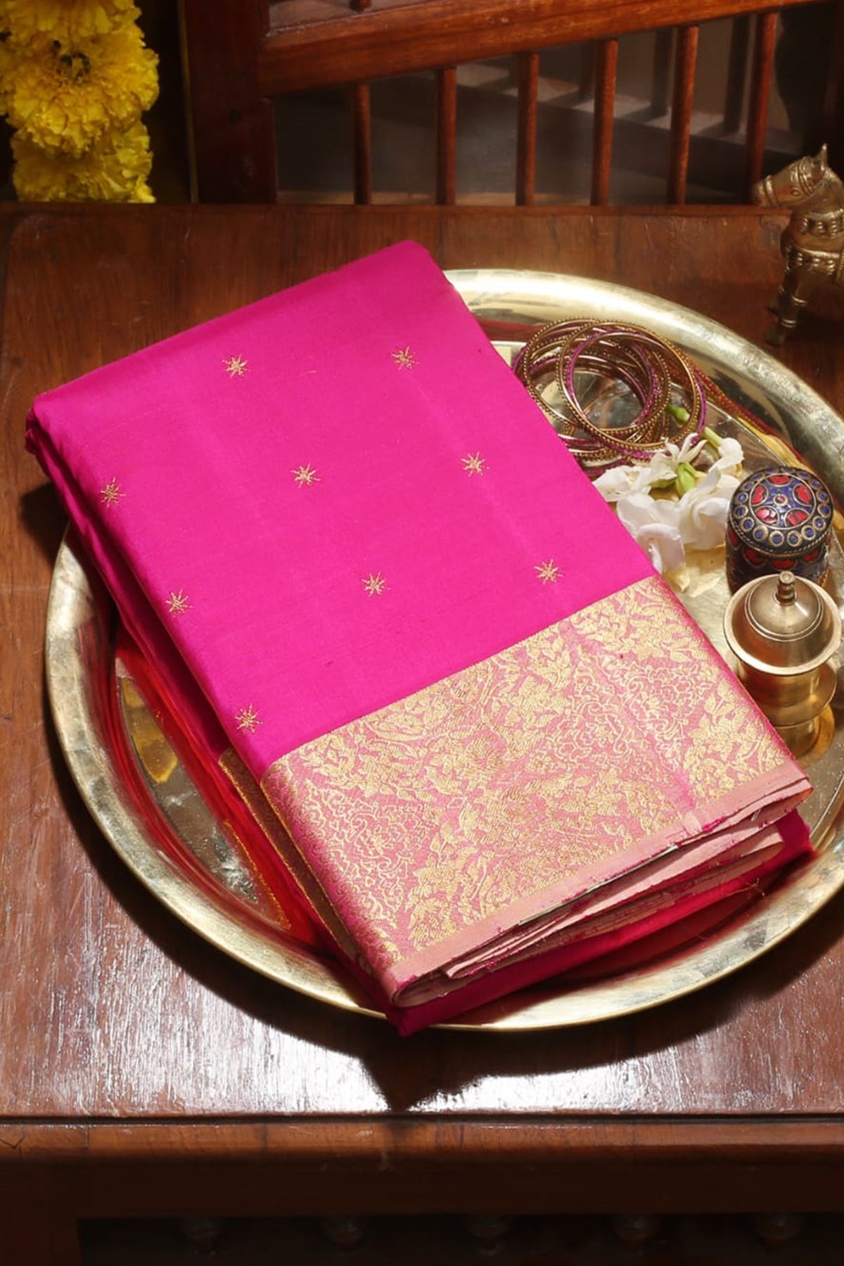 Floral Design Zari Border With Star Buttis Hot Pink Kanchipuram Silk Saree