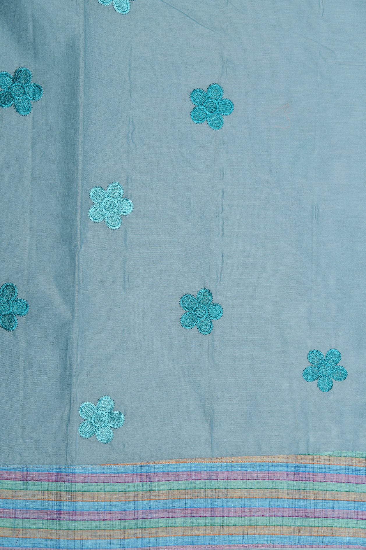 Pastel Stripes Border With Embroidered Floral Design Pastel Blue Ahmedabad Cotton Saree