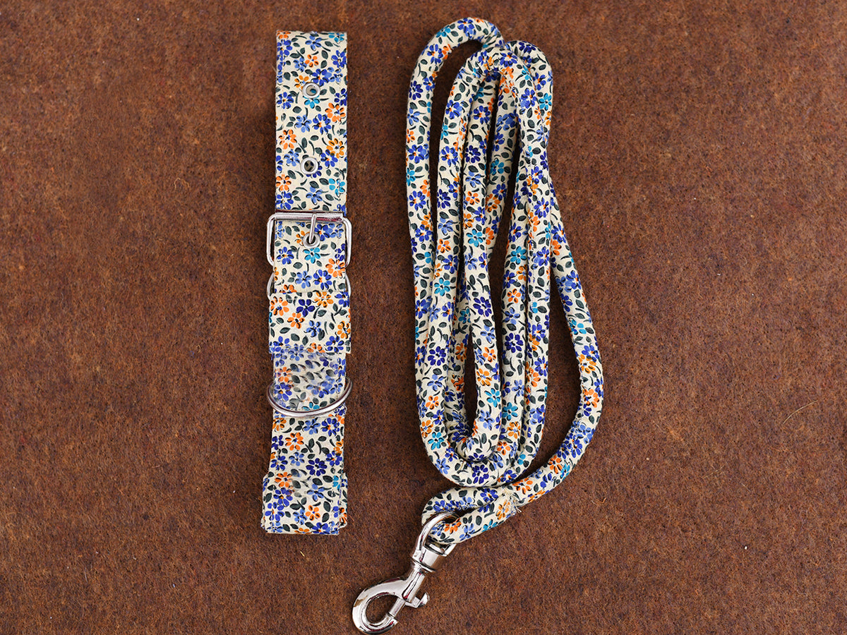 Multicolor Printed Cotton Dog Collar With Rope Set