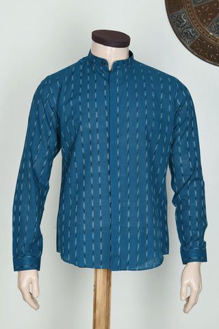 Chinese Collar Dobby Weave Cerulean Blue Cotton Shirt