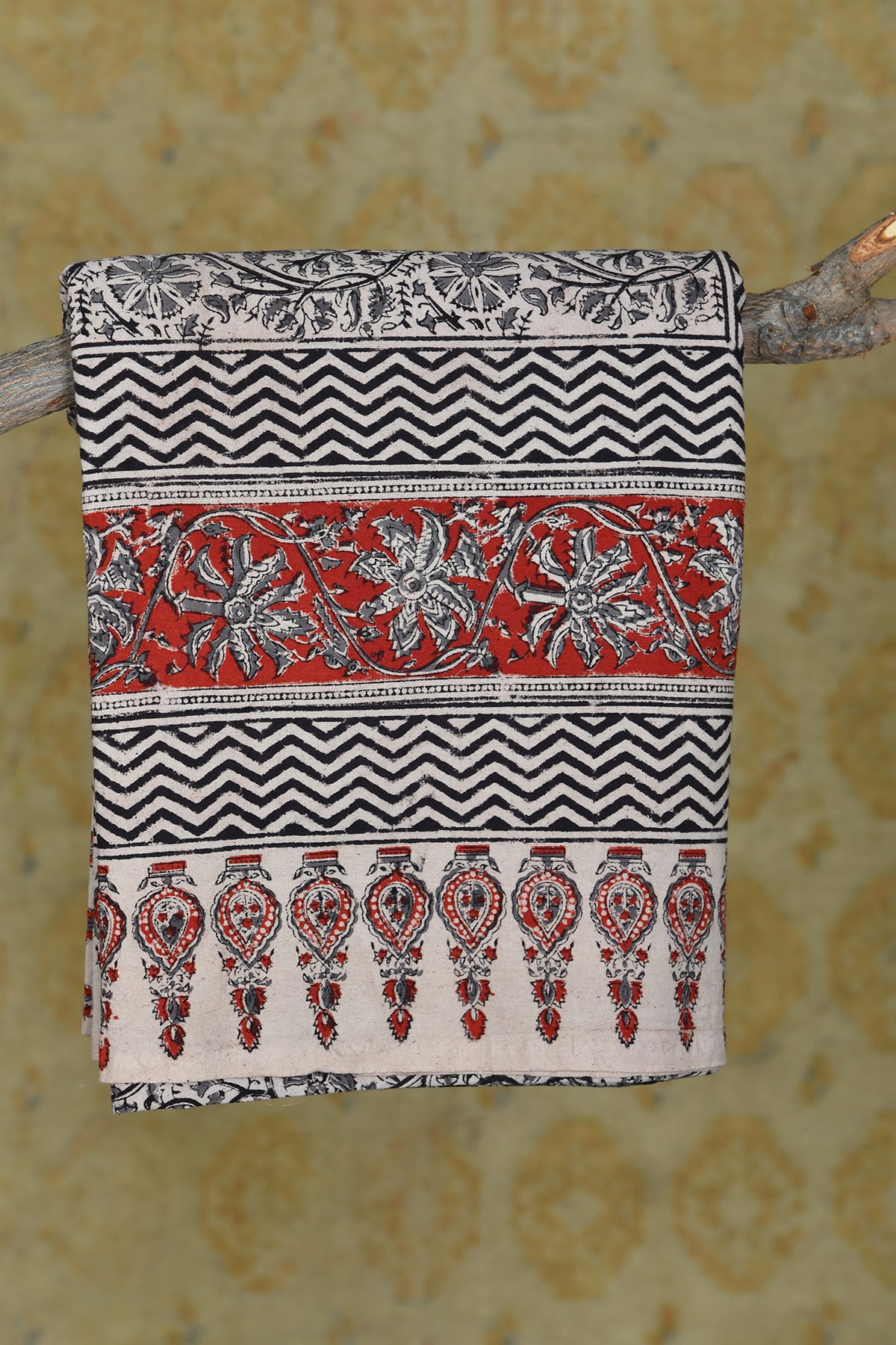 Kalamkari Printed Beige And Red Pure Cotton Double Bedspread