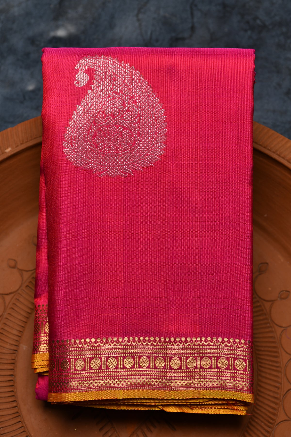 Rudraksh Small Border With Silver Zari Paisley Motif Hot Pink Kanchipuram Silk Saree