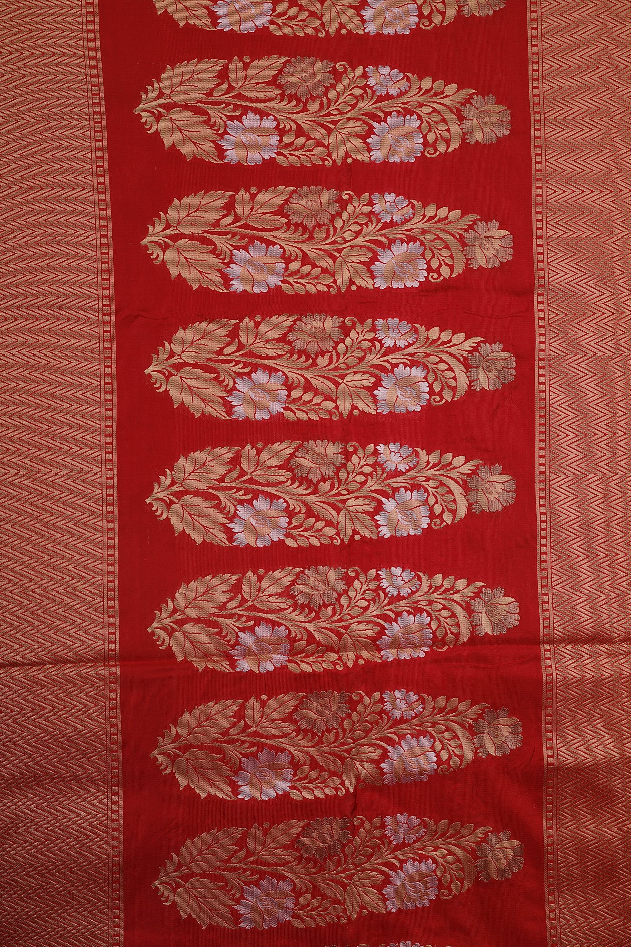 Gold And Silver Zari Buttis Crimson Red  Banaras Silk Saree