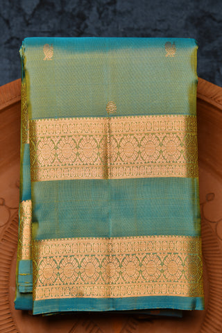 Rettai Pettu Floral Border Peacock And Rudraksh Buttis Teal Green Kanchipuram Silk Saree