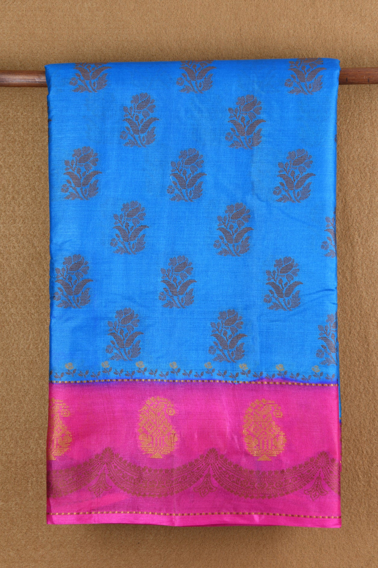 Thread Work Paisley Border With Floral Buttas Cerulean Blue Raw Silk Saree