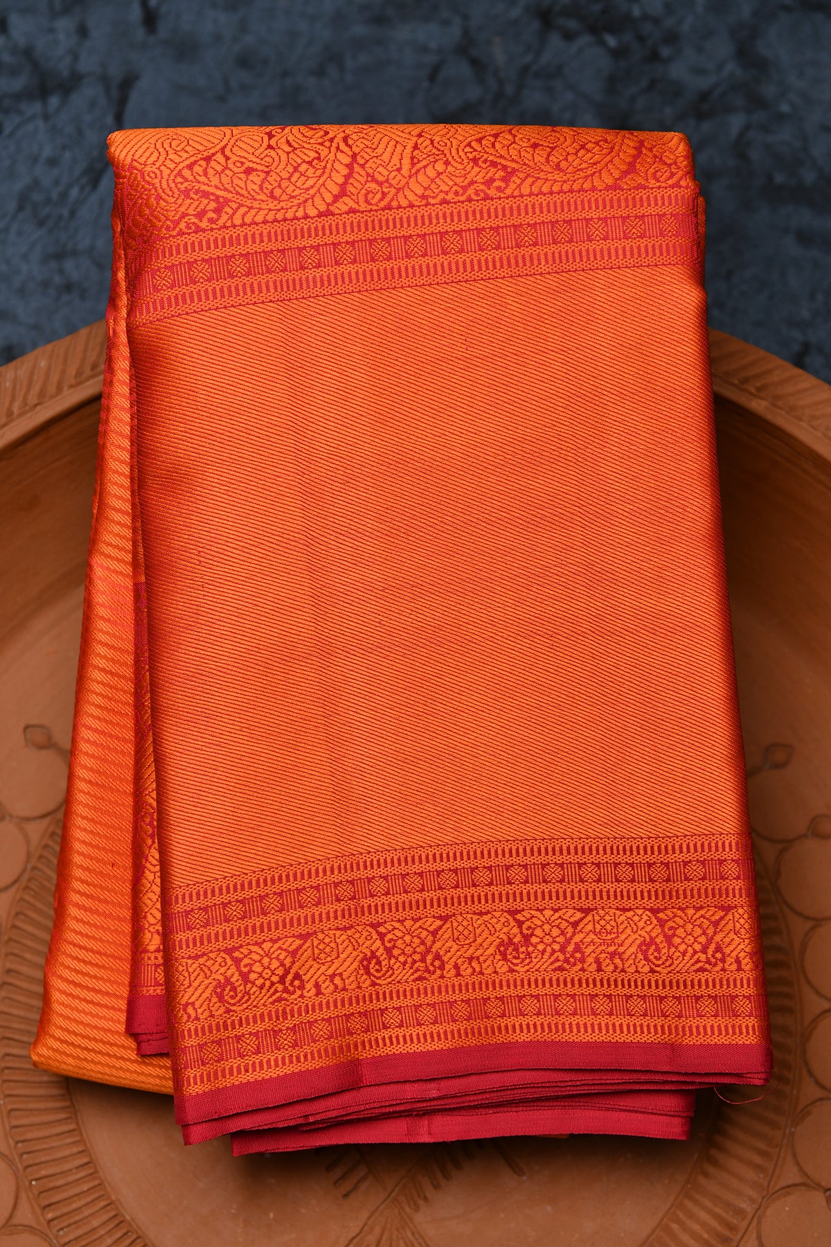 Big Threadwork Border Striped Orange Kanchipuram Silk Saree