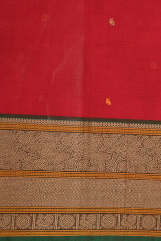 Traditional Thread Work Yazhi Border With Buttis Tomato Red Coimbatore Cotton Saree