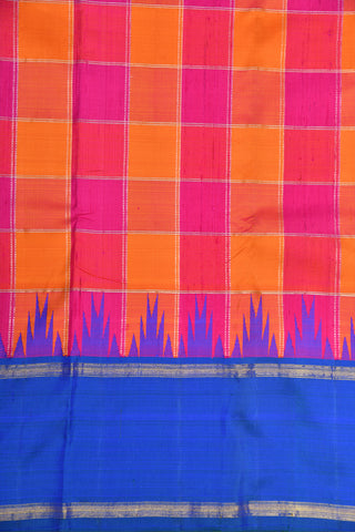Checks With Temple Design Border Pink And Orange Kanchipuram Silk Saree