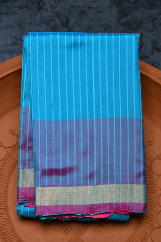 Small Zari Border With Monochrome Stripes Blue Kanchipuram Silk Saree