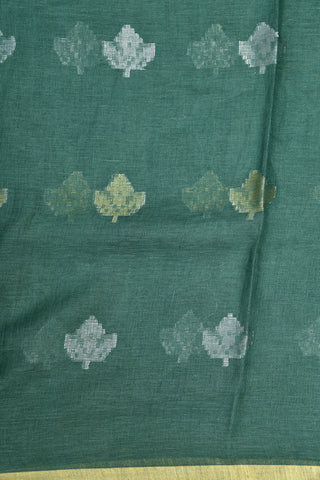 Silver And Gold Zari Small Border With Floral Motif Sage Green Linen Cotton Saree