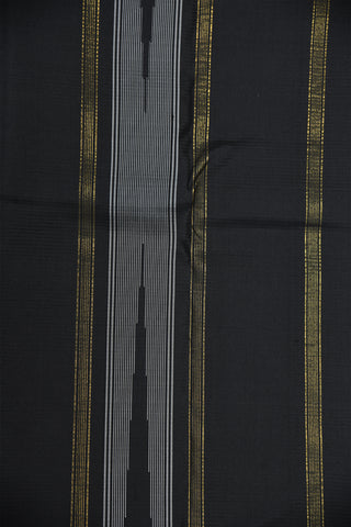 Striped And Temple Border With Small Checks Black And White Kanchipuram Silk Saree