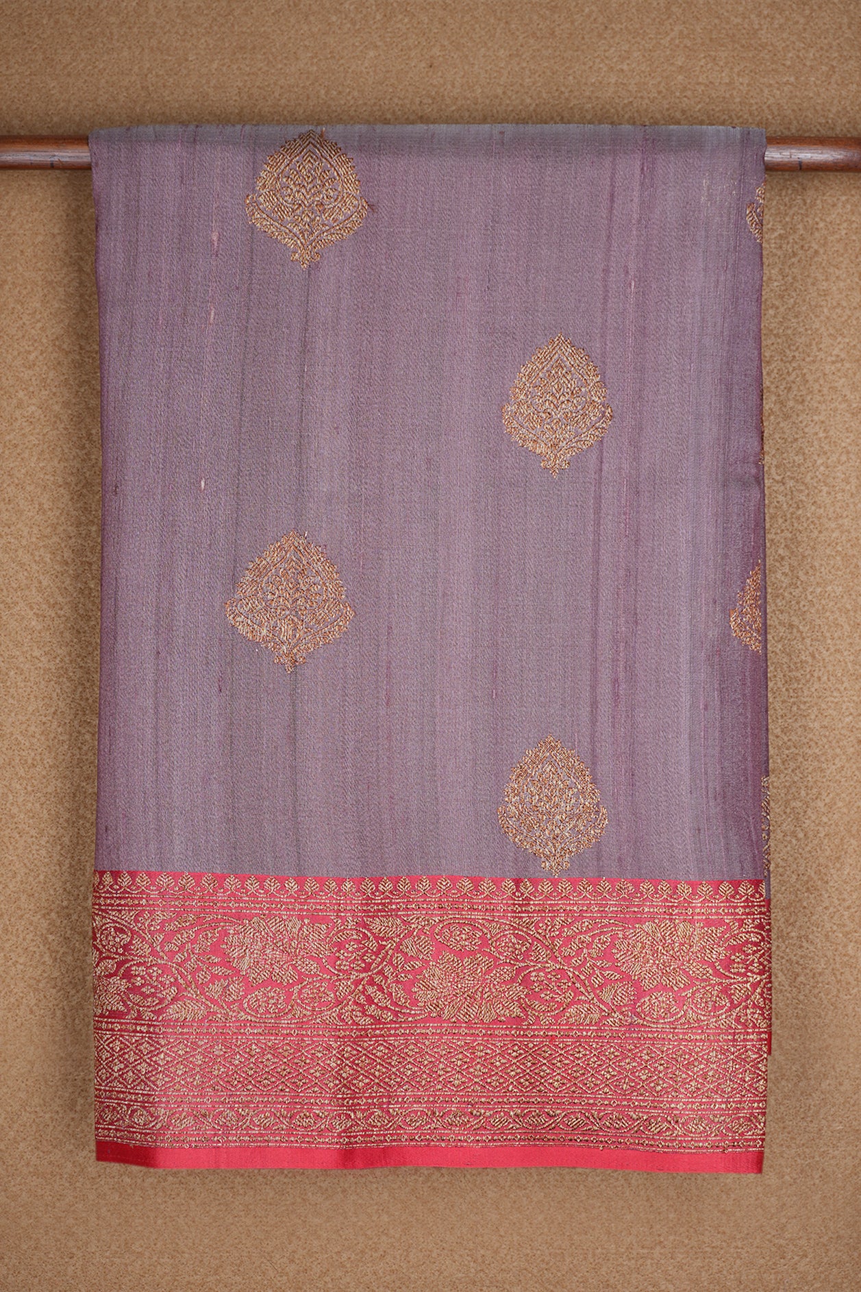 Floral Motifs Purple Tussar Banarasi Silk Saree