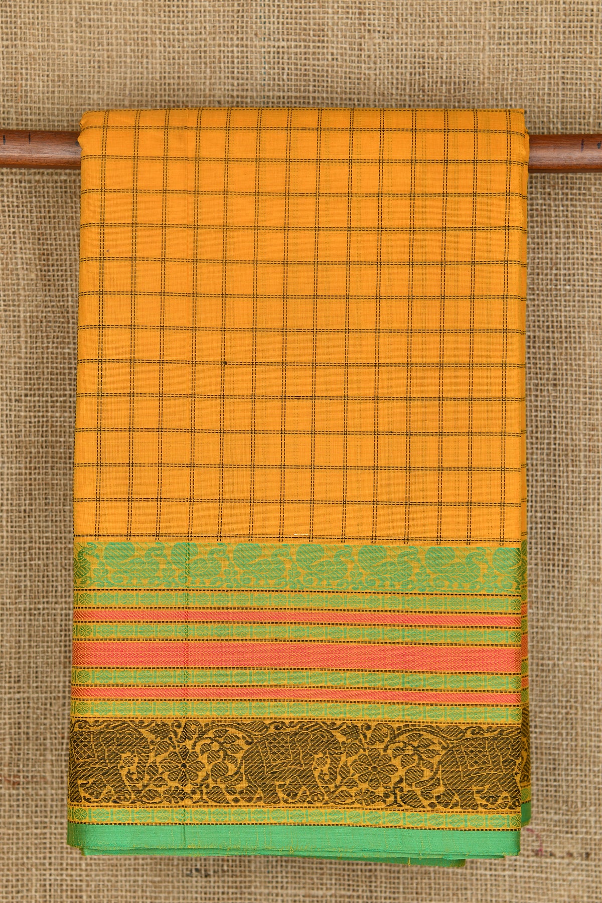Thread Work Floral Border With Checks Body Mango Yellow Coimbatore Cotton Saree