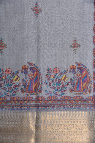 Zari Border With Warli Art Printed Slate Blue Linen Cotton Saree