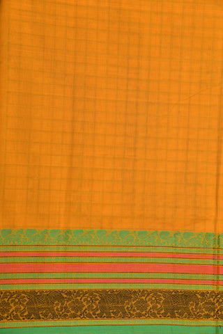 Thread Work Floral Border With Checks Body Mango Yellow Coimbatore Cotton Saree