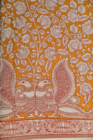 Peacock And Floral Printed Mustard Yellow Kalamkari Cotton Saree