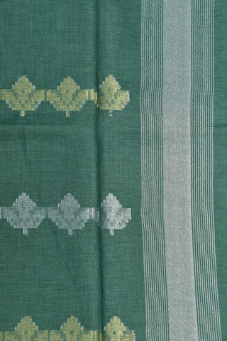 Silver And Gold Zari Small Border With Floral Motif Sage Green Linen Cotton Saree