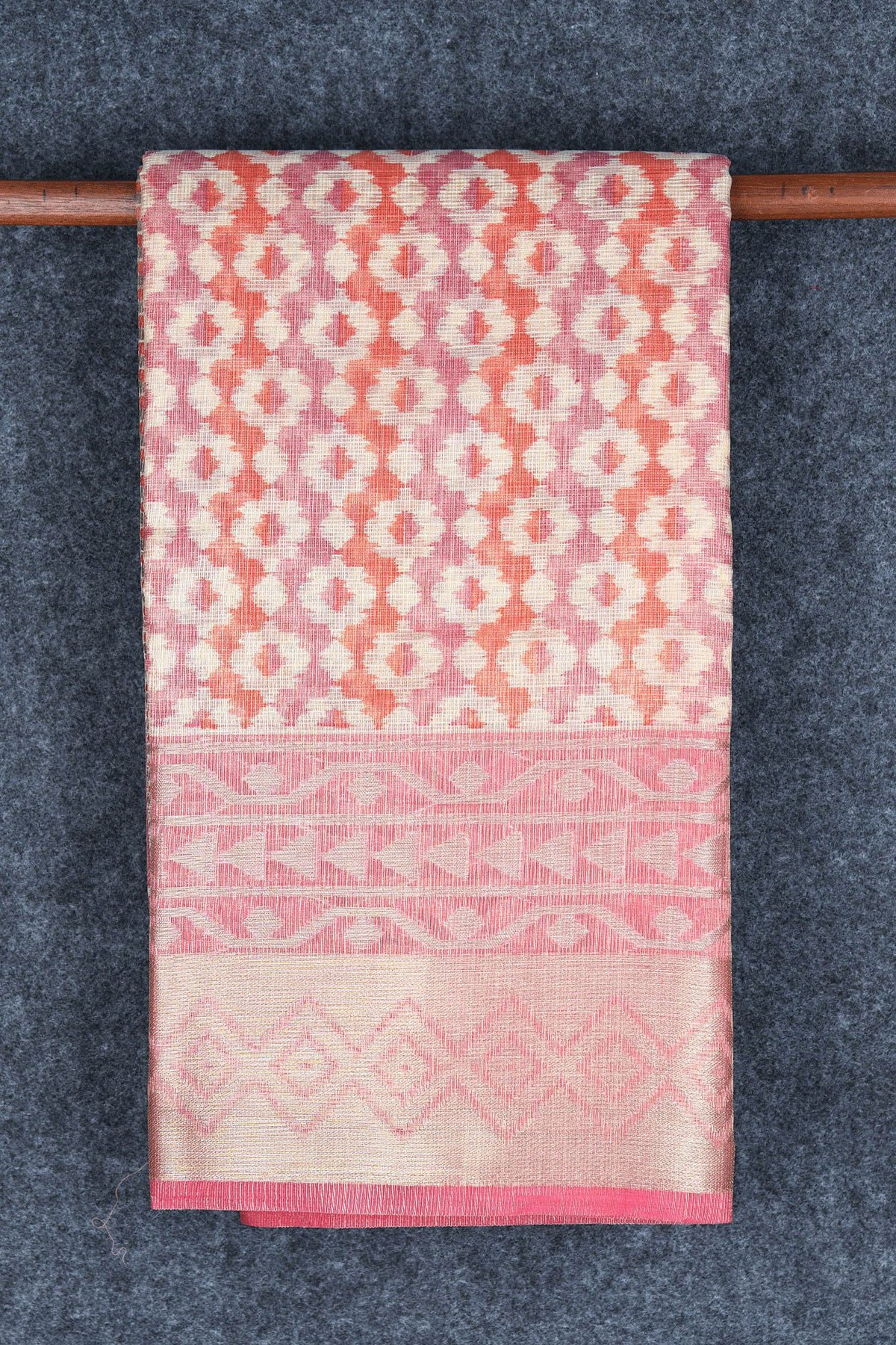 Zari Border With Geometric Pattern Peach Pink Semi Kota Cotton Saree