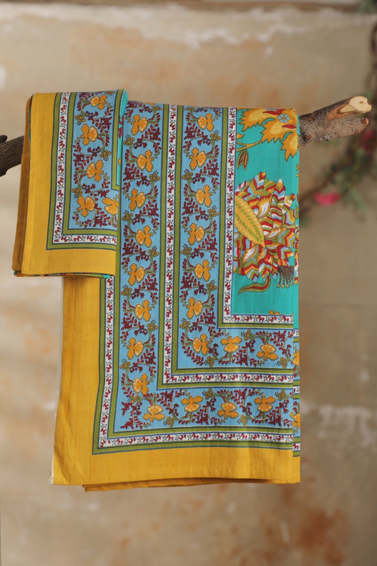 Floral Design Jaipur Print Turquoise Blue And Yellow Cotton Single Bedspread And Pillow Cover Set