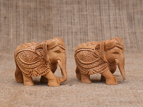 Set Of 2 Wooden Handicraft Elephant Statue For Showpiece