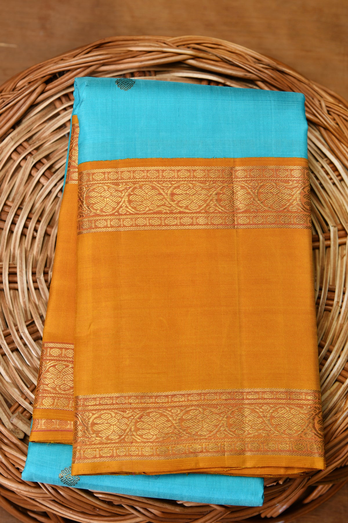 Korvai Mustard Floral Rettai Peatu Turquoise Blue Kanchipuram Silk Saree