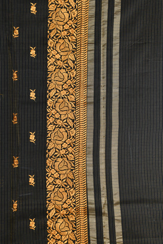 Embroidered Floral Border With Buttis Black Semi Banaras Silk Saree