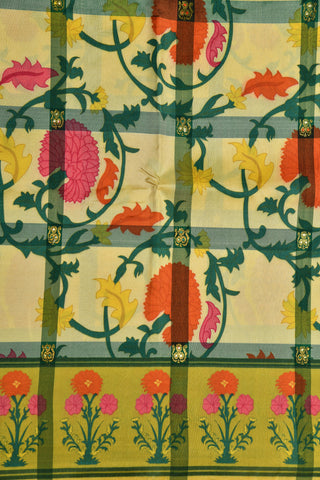 Checked With Floral Creeper Digital Printed Design Soft Yellow Kanchipuram Silk Saree