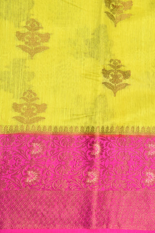 Contrast Zari Border With Floral Butta Bright Yellow Banaras Jute Silk Saree