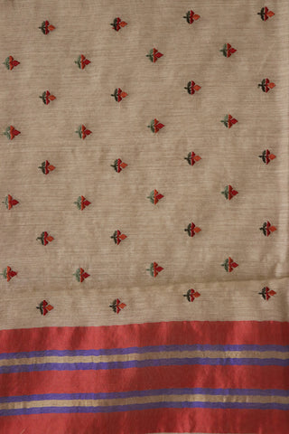 Temple Border Embroidery Work Cream Color Tussar Saree