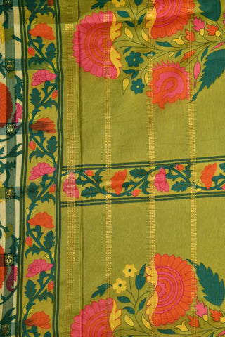 Checked With Floral Creeper Digital Printed Design Soft Yellow Kanchipuram Silk Saree