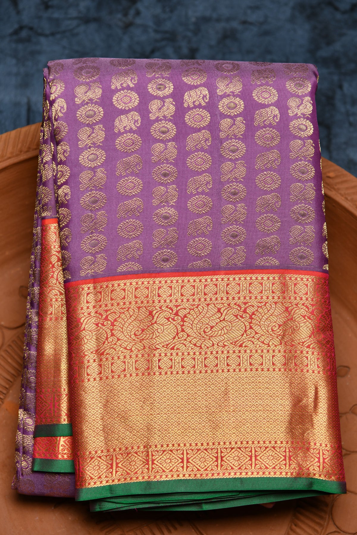 Peacock And Elephant Butta Brinjal Violet Kanchipuram Silk Saree