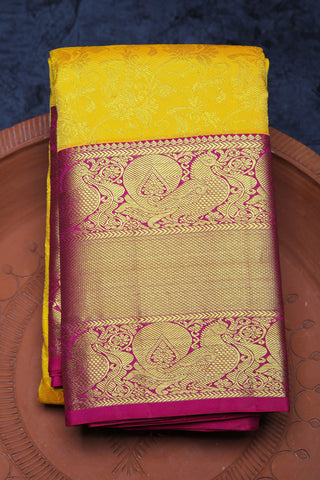 Big Contrast Traditional Border With Floral And Peacock Design Yellow Kanchipuram Silk Saree