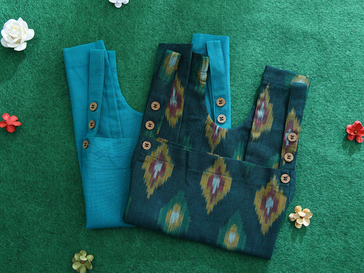 Assorted Set Of 2 Cerulean Blue And Bottle Green Cotton Baby Dungarees