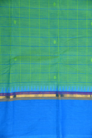 Contrast Thread Work Temple Border With Checks And Floral Buttis Green Chettinadu Cotton Saree