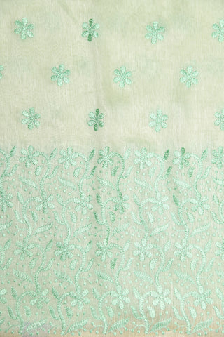 Small Zari Border With Embroidered Floral Design Pastel Green Linen Saree