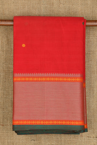 Rudraksh Thread Work Border With Buttis Red Coimbatore Cotton Saree