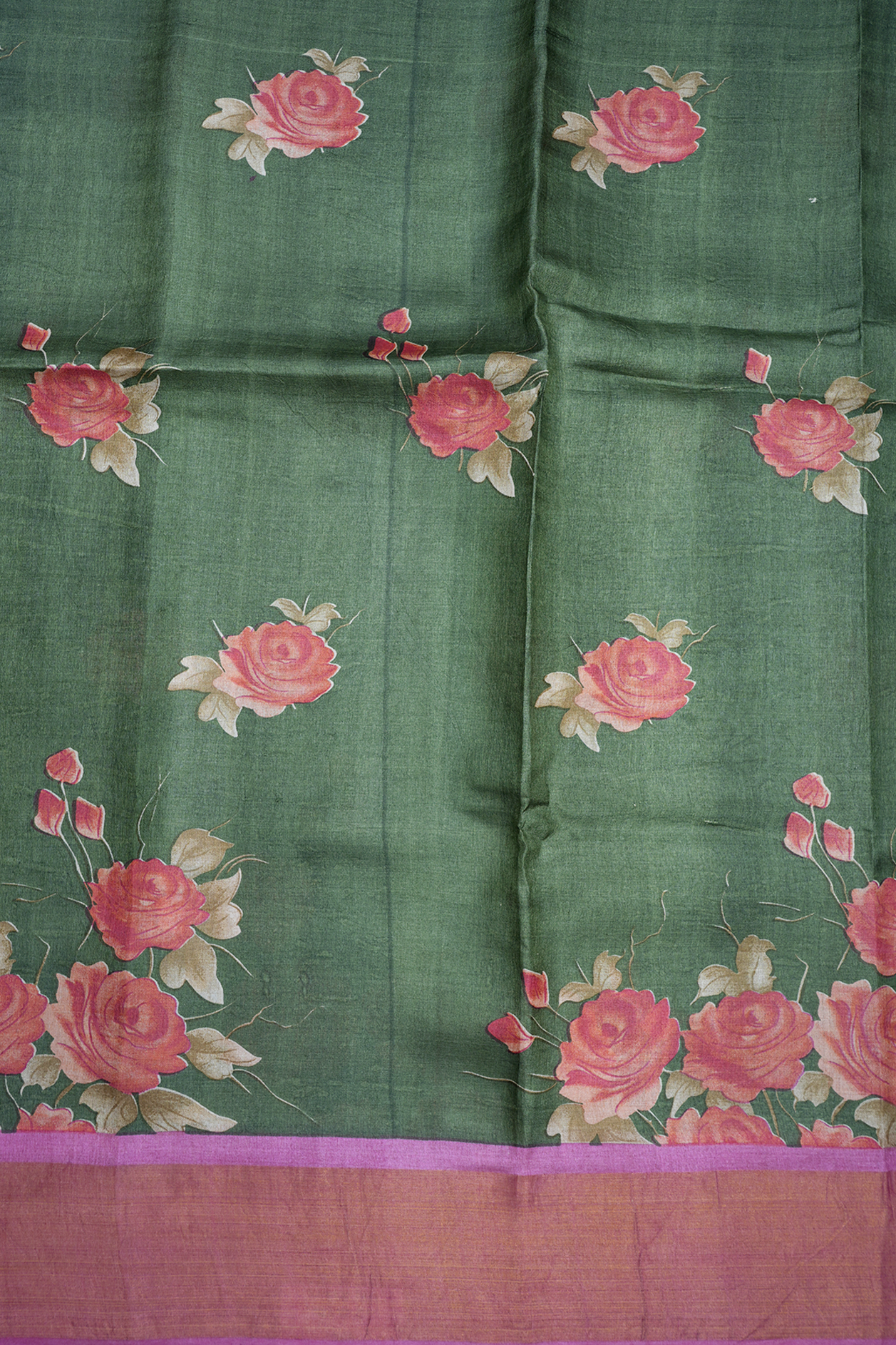 Allover Floral Printed Fern Green Tussar Silk Saree