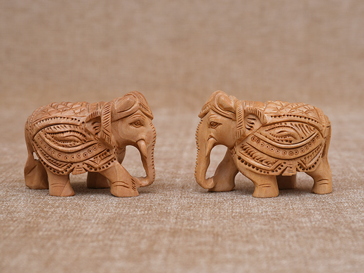 Set Of 2 Wooden Handicraft Elephant Statue For Showpiece