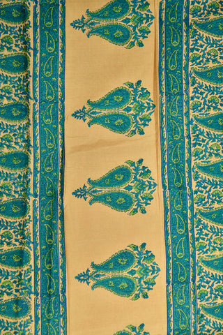 Paisley Design Cream And Teal Green Printed Silk Saree