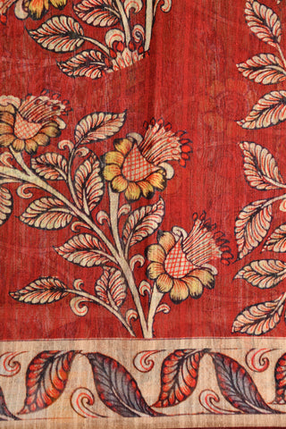 Botanical Digital Print Maroon Linen Cotton Saree