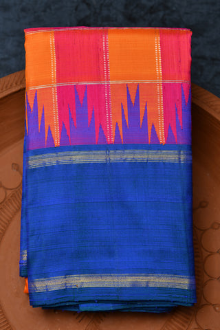 Checks With Temple Design Border Pink And Orange Kanchipuram Silk Saree
