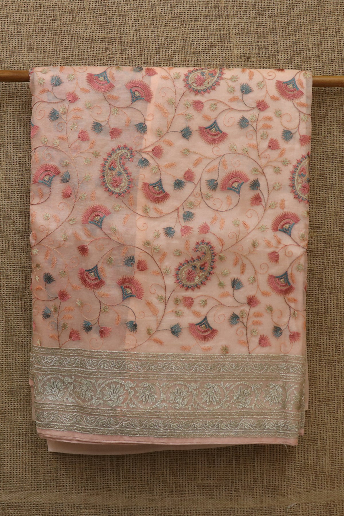 Embroidered Work Floral Creeper And Paisley Design Peach Oragnza Saree