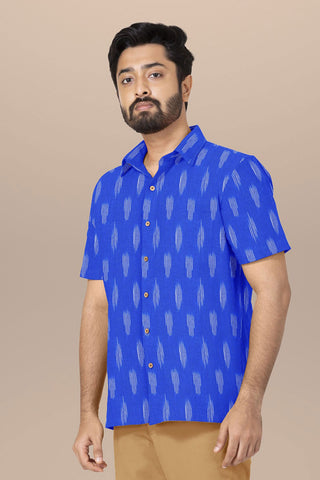 Regular Collar Ikat Design Blue Cotton Shirt