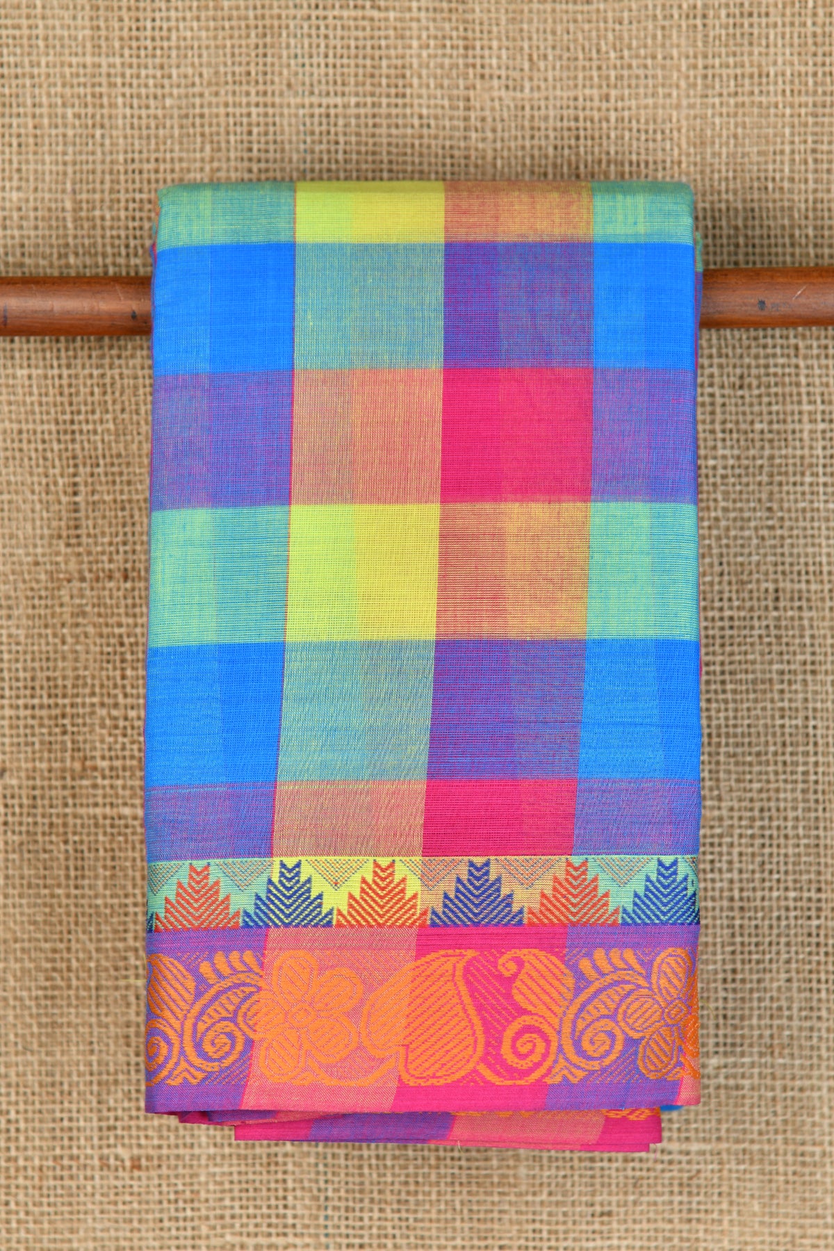 Traditional Thread Work Border With Checks Multicolor Chettinadu Cotton Saree