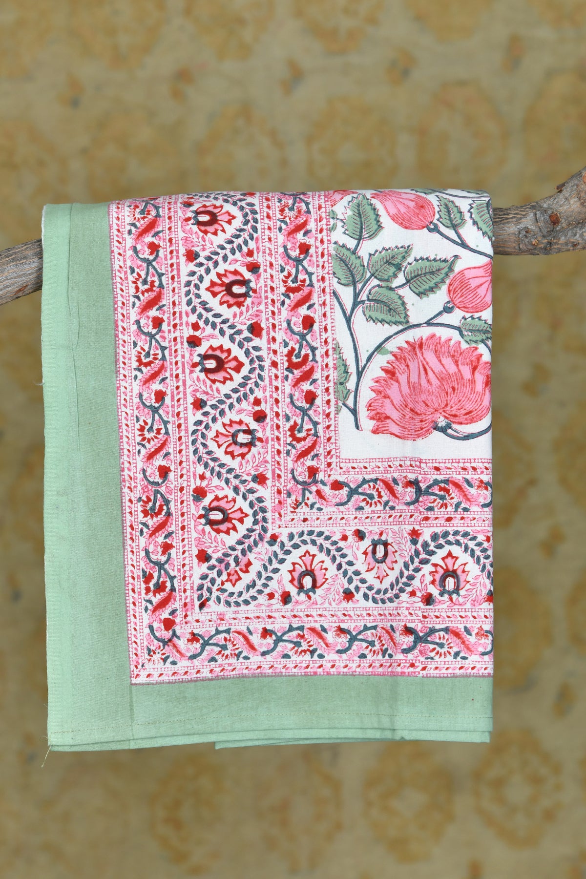 Pastel Pink With Mint Green And Red Persian Floral Printed Pure Cotton Single Bedspread
