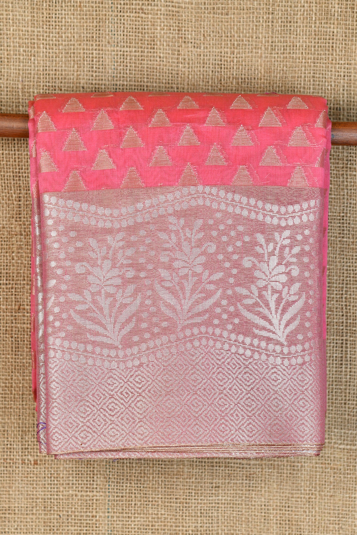 Silver Zari Floral Border With Triangle Buttis Bubblegum Pink Semi Banaras Silk Saree