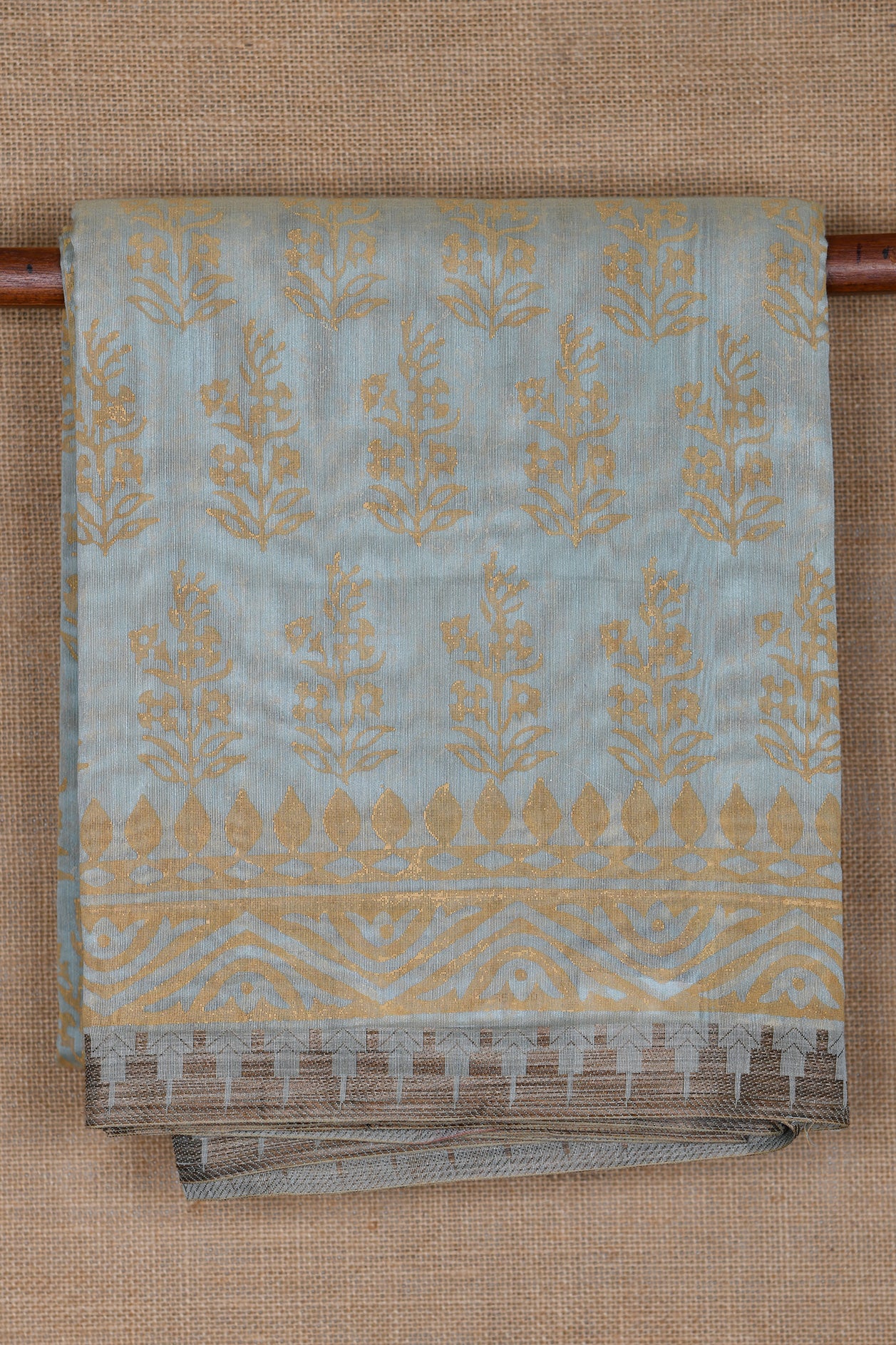 Block Printed Buttis With Small Temple Border Grey Chanderi Cotton Saree
