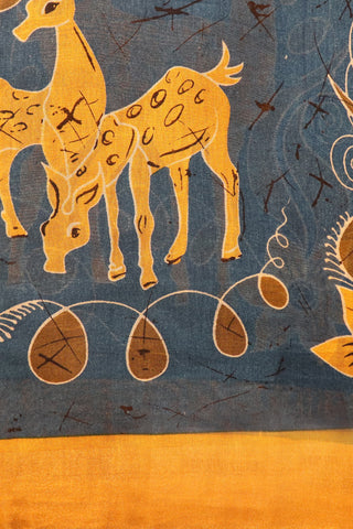 Small Border With Deer And Floral Printed Teal Blue Maheswari Cotton Saree