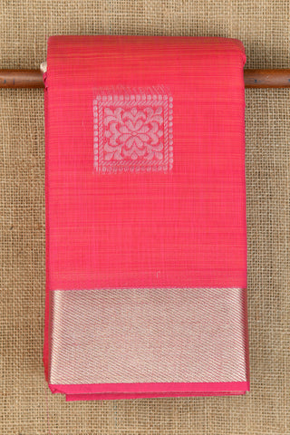 Silver Zari Border With Thread Work Floral Butta Hot Pink Kora Silk Cotton Saree